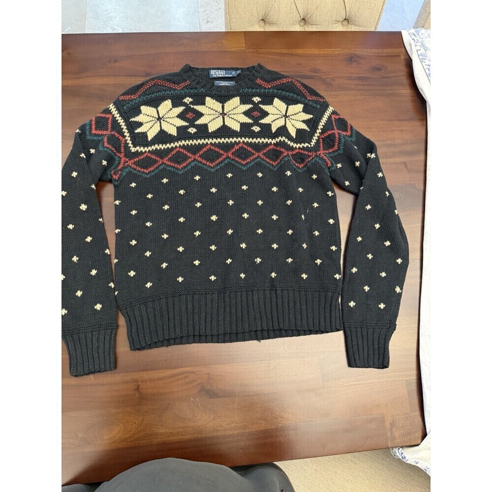 Vtg Polo Ralph Lauren hand-knit black fair isle snowflake sweater (M1)